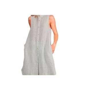 Baci Sleeveless Linen Shirtdress Button Collar Pockets Beige Small Midi Maxi